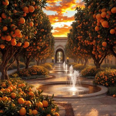 The primary subject of the image is a beautiful garden with a fountain and orange trees. The setting is a sunny day, and the visual style is a digital art or illustration. The garden is filled with vibrant oranges, and the overall atmosphere is warm and inviting. The fountain adds a soothing sound to the scene, while the orange trees provide a refreshing and natural touch.